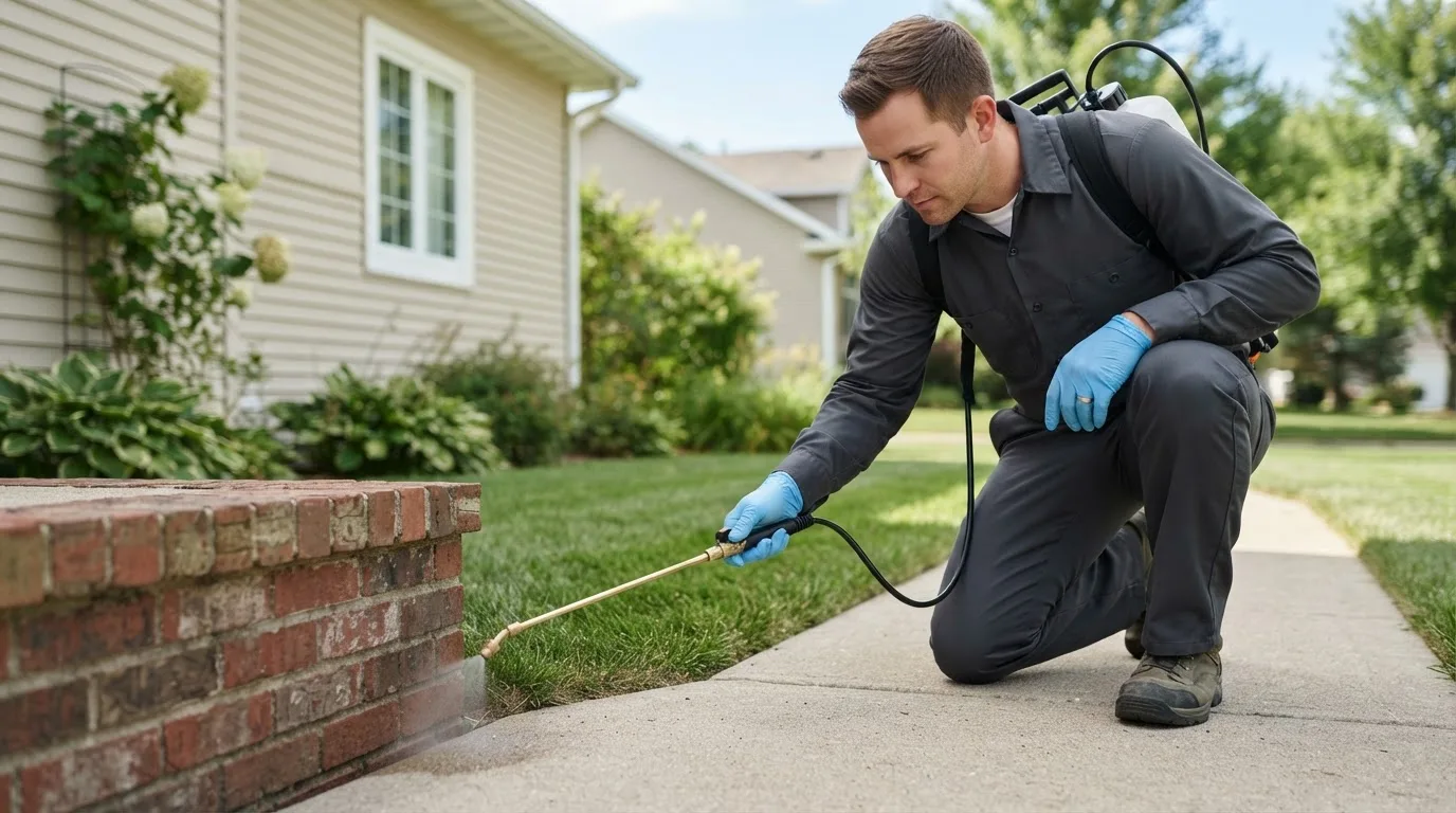 Pest control technician treating a home near East Grand Forks, MN