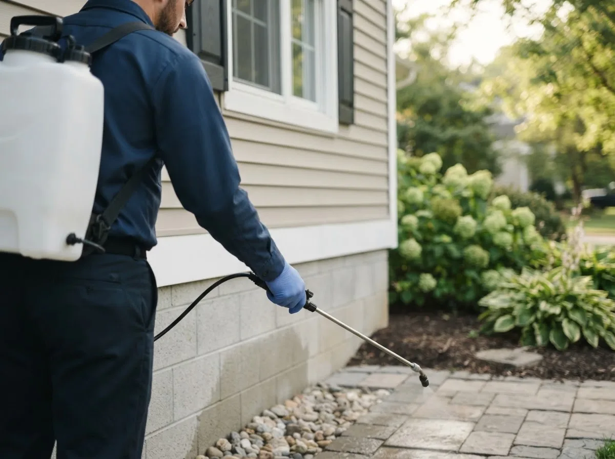 Pest control technician inspecting a home in East Grand Forks, MN